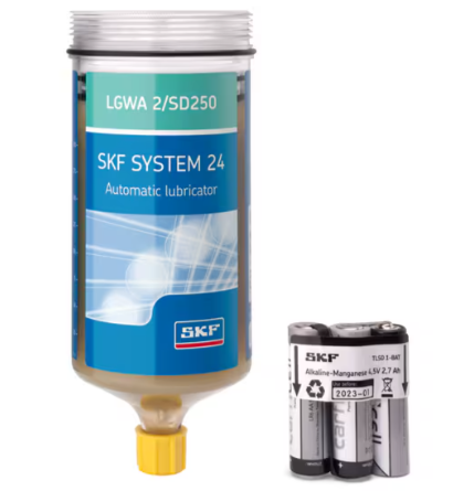 SKF LGWA 2/SD250 е комплект за повторно пълнене на едноточковите системи за автоматично смазване TLSD. Съдържа контейнер с 250 мл грес SKF LGWA 2 и нов комплект батерии.