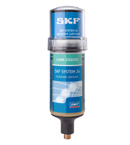 SKF SYSTEM 24 TLSD 250/WA2 е електромеханична едноточкова система за автоматично смазване. Запълнена е с 250 мл грес SKF LGWA 2 за широк температурен диапазон и екстремно налягане. Препоръчва се за електрически двигатели, конвейери, вентилатори и помпи.